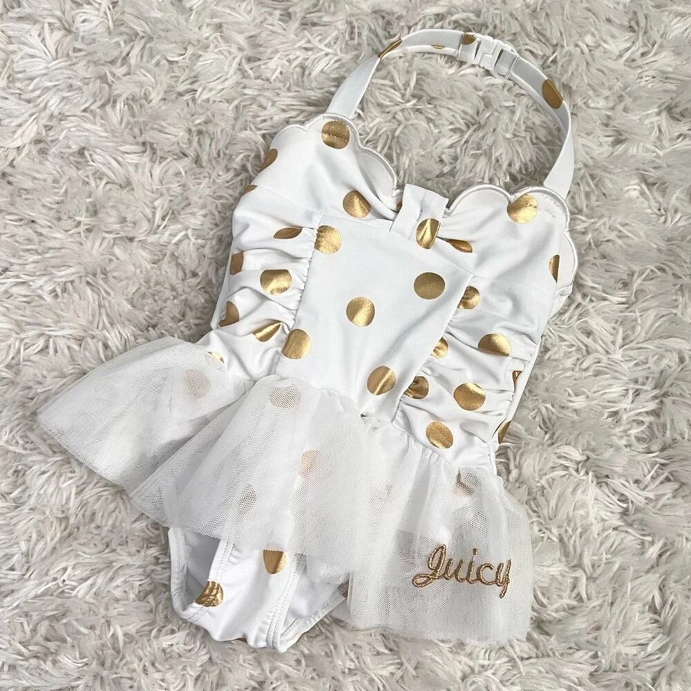 Juicy Couture White and Gold Polka Dot Swimsuit Size 12 M